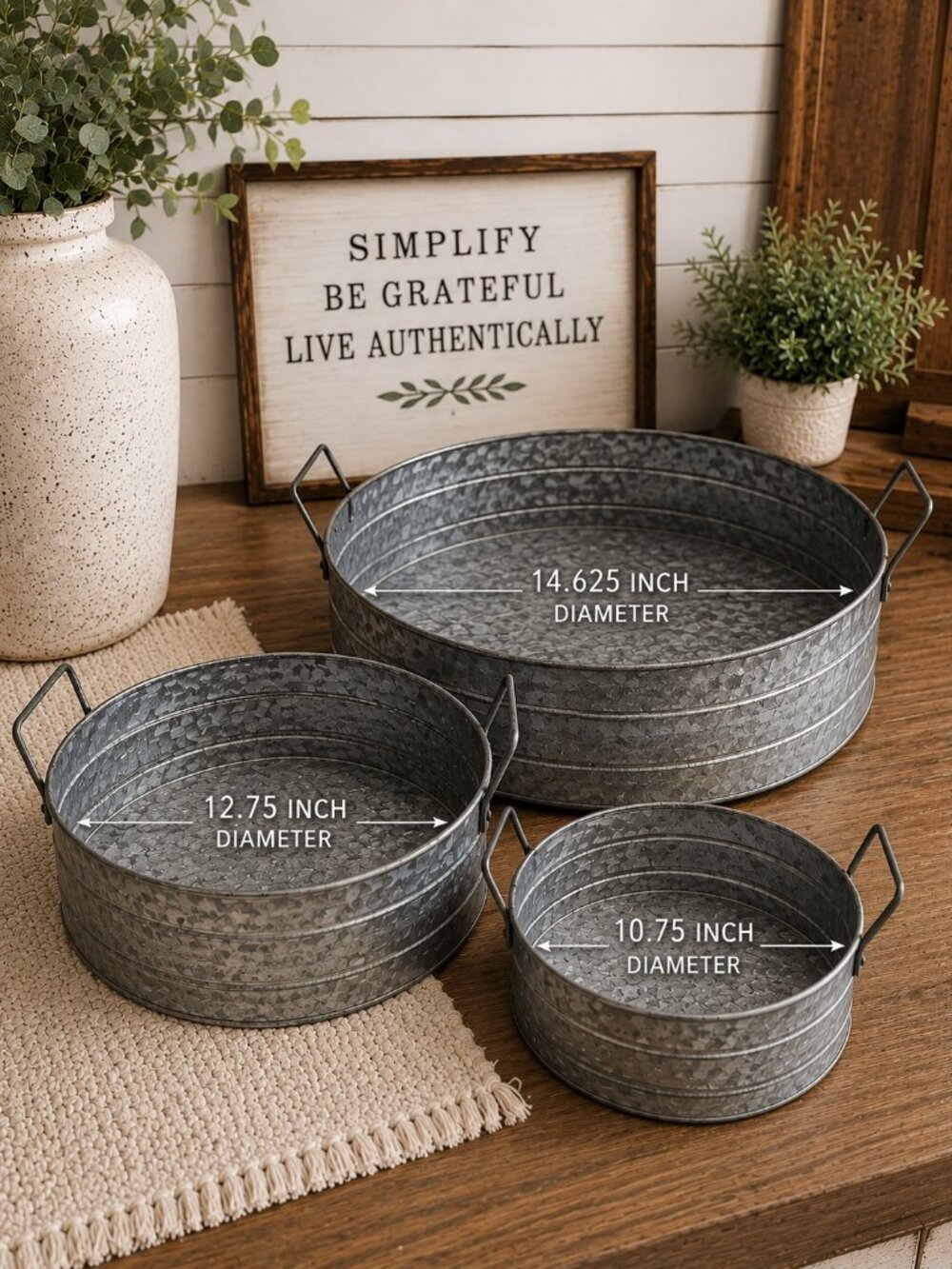 Unbranded Farmhouse Galvanized Metal Storage Trays with Handles Set-3 Piece NIB